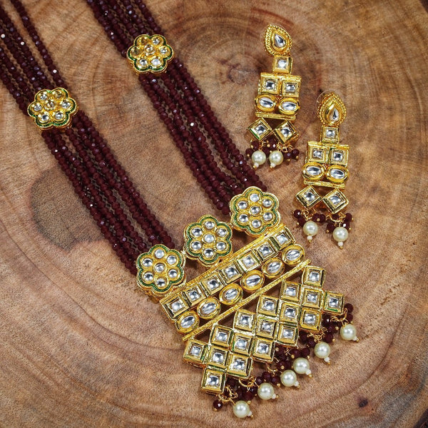 Women's Gold Plated Polki Kundan Brass Necklace Set With Earrings Maroon Crystal Onyx Long Mala - i jewels