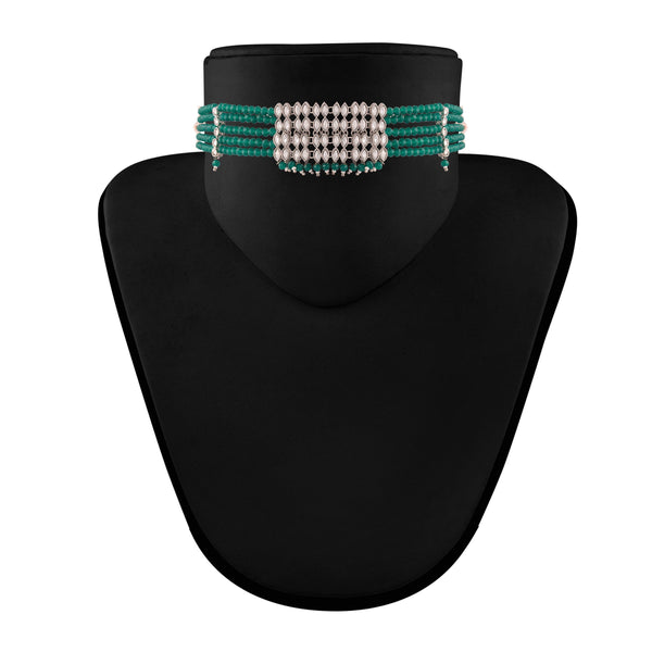 Women's Silver Plated Green Crystal Beads with Stone Studded Choker Necklace Set - i jewels