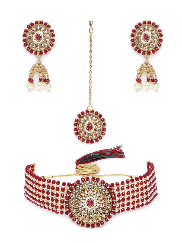 Women's Gold Plated Maroon Onyx Crystal Beads with Peal Kundan Choker Necklace Set - i jewels