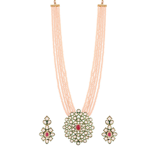 Women's 5 Layered Emerald Onyx Crystal Beads Necklace Set Glided With Uncut Polki Kundan - i jewels