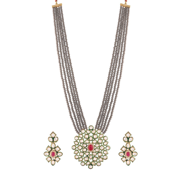 Women's 5 Layered Grey Onyx Crystal Beads Necklace Set Glided With Uncut Polki Kundan - i jewels