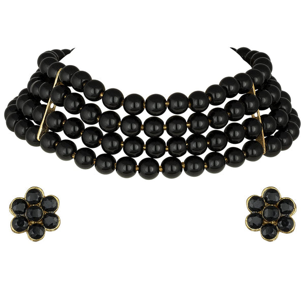 Women's 18k Gold Plated Black Pearl Beaded Choker Set- I Jewels