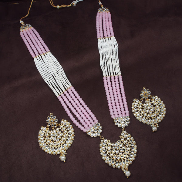 Women's Gold Plated Pink Ethnic 5 Layer Kundan Pearl Studded Long Necklace Set - i jewels