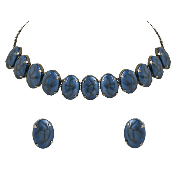 Women's Glamorous Fashionable Eye-Catching Blue Beaded Choker and Earrings Set  - I Jewels