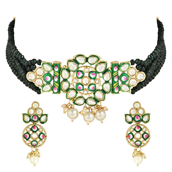 Women's Gold Plated Traditional Pearl Kundan Studded Meenakari Choker Necklace With Earring Set  - I Jewels