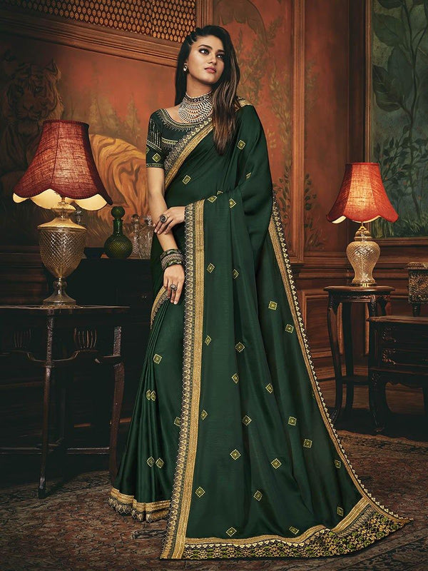 Women's Green Silk Embroidered Party Wear Saree-Myracouture