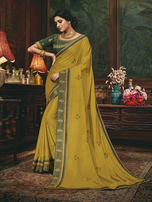 Women's Mustard Yellow and Green Silk Embroidered Party Wear Saree-Myracouture