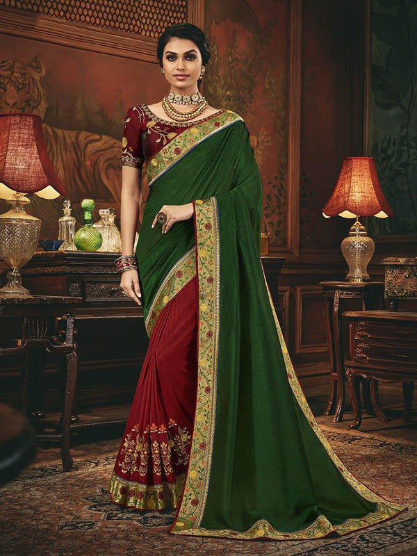 Women's Green and Maroon Silk Embroidered Party Wear Saree-Myracouture