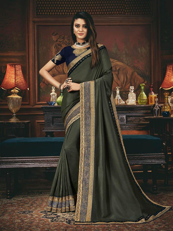 Women's Mehendi Silk Embroidered Party Wear Saree-Myracouture