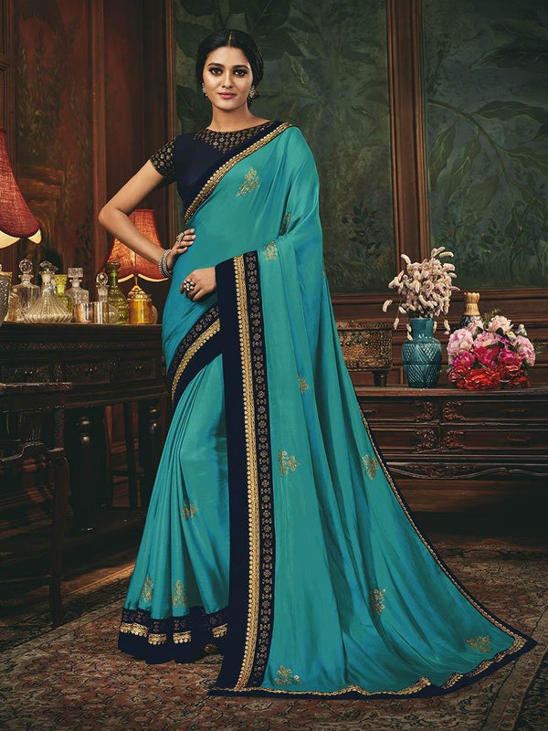 Women's Sky Blue and Navy Blue Silk Embroidered Party Wear Saree-Myracouture