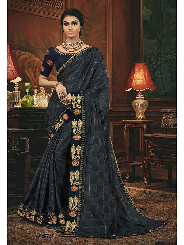 Women's Navy Blue Silk Embroidered Party Wear Saree-Myracouture