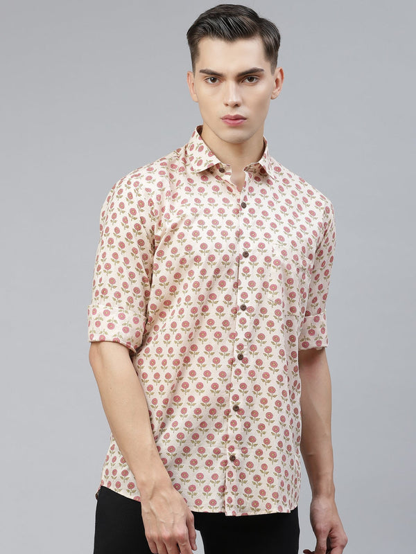 Men's Beige Cotton Full Sleeves Shirt - Taantav