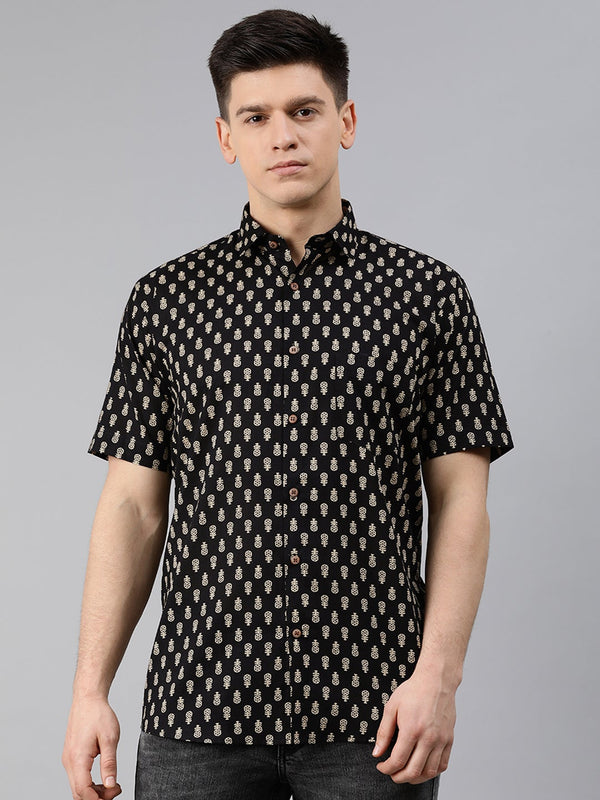 Men's Black Cotton Short Sleeves Shirts For Men - Taantav