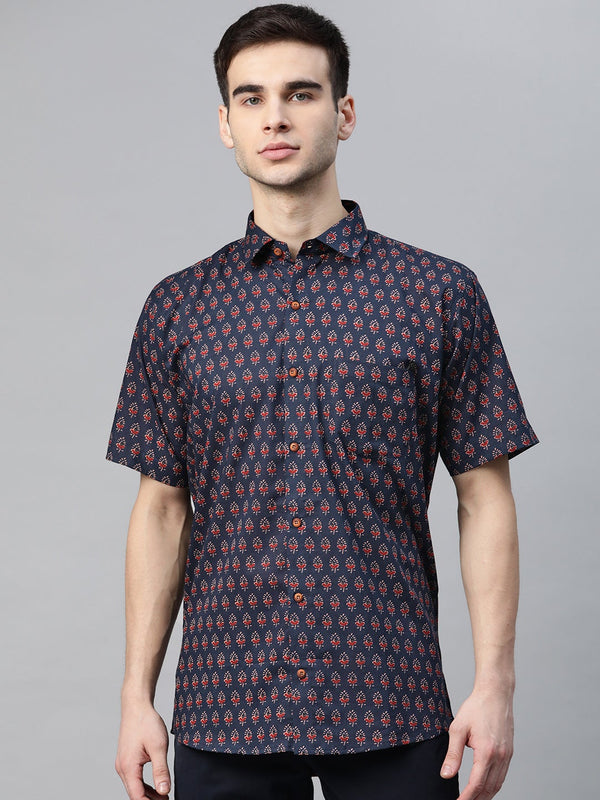 Men's Blue Cotton Half Sleeves Shirt - Taantav