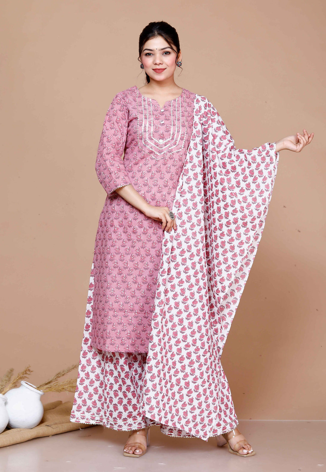 Women'S Cotton Festive Kurta With Flared Palazzo & Dupatta Set - Miravan