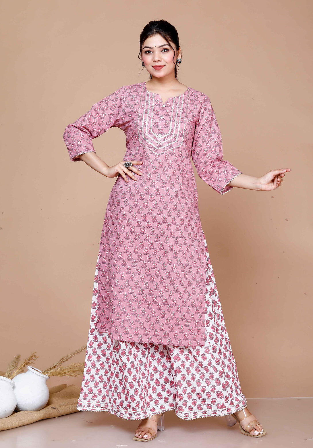 Women'S Cotton Floral Print Straight Kurta And Palazzo Set - Miravan