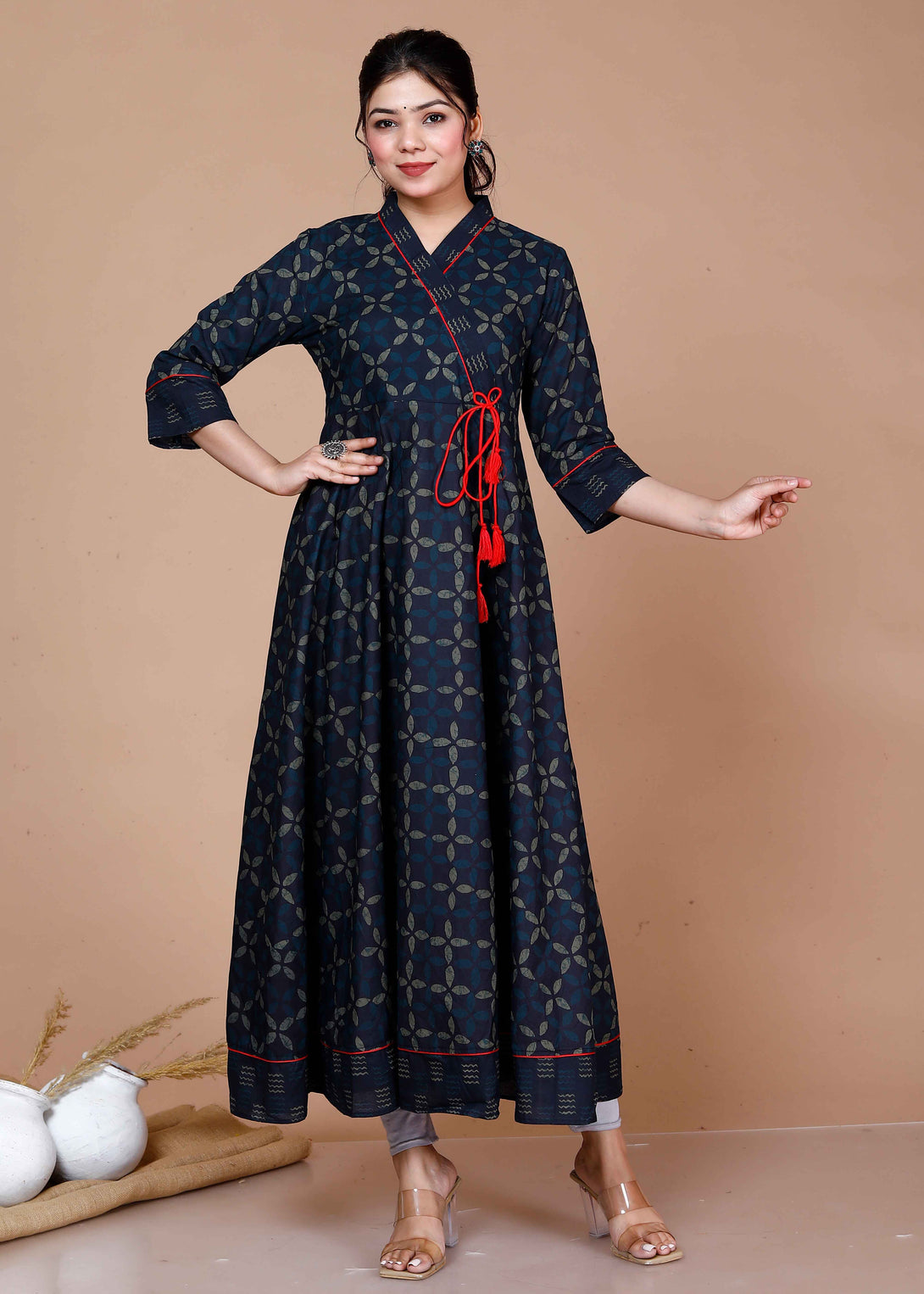 Women'S Abstract Indigo Print Ankle Length Angrakha Style Kurta - Miravan