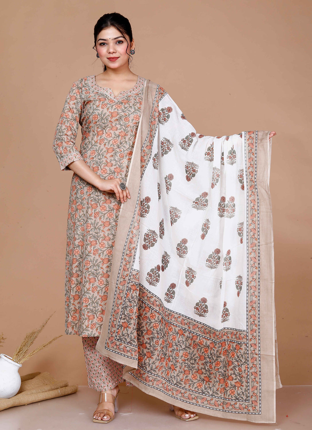 Women'S Brown Floral Printed Gotta Patti Kurta With Palazzo And Dupatta Set - Miravan