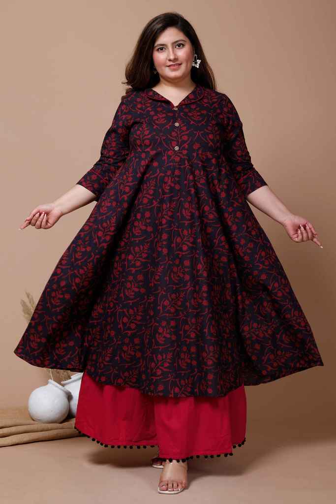 Women's Plus Size Navy Blue Floral Printed Anarkali Kurta - Miravan