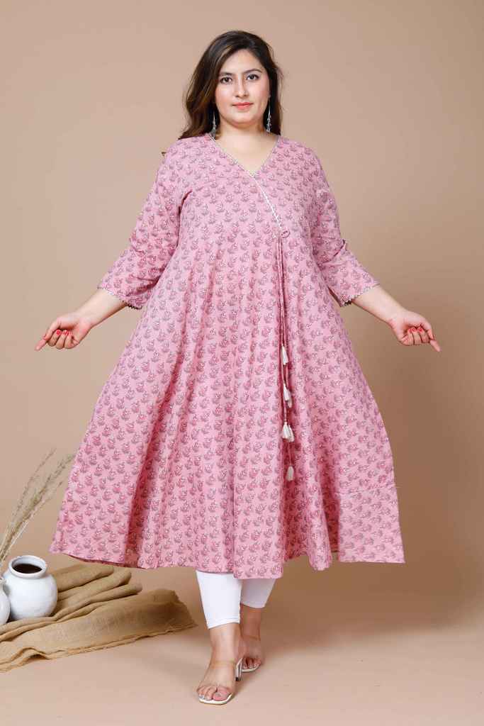 Women's Pink Plus Size Cotton Floral Print Long Anarkali Kurta - Miravan