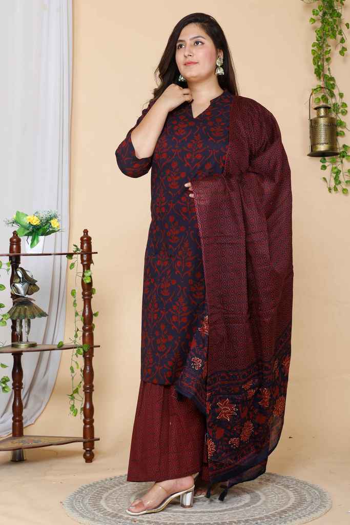 Women's Maroon Plus Size Floral Pure Cotton Kurta With Sharara And Dupatta Set - Miravan