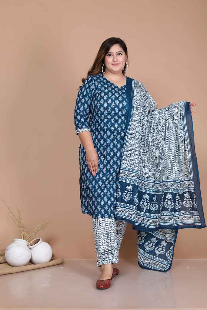 Women's Plus Size Cotton Floral Printed Kurta And Palazzo With Dupatta Set - Miravan