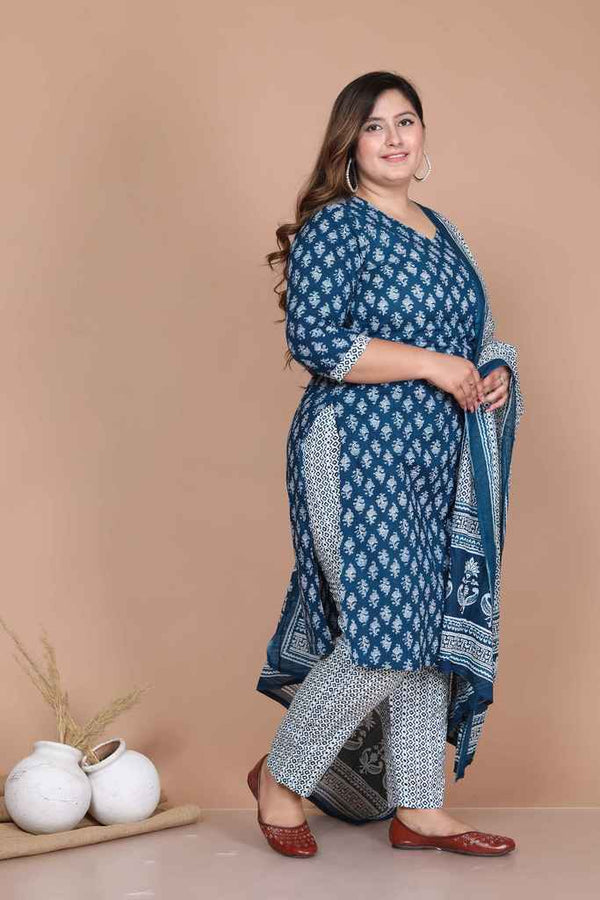 Women's Plus Size Cotton Floral Printed Kurta And Palazzo With Dupatta Set - Miravan