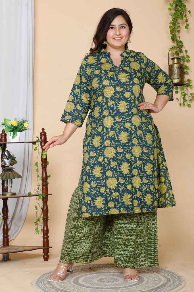 Women's Plus Size Green Floral Pure Cotton Kurta With Sharara - Miravan