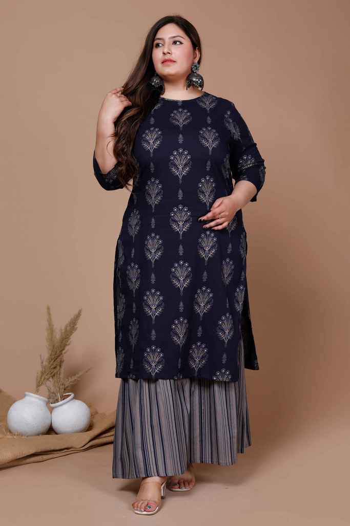 Women's Plus Size Navy Blue Printed Pure Cotton Kurta With Sharara - Miravan