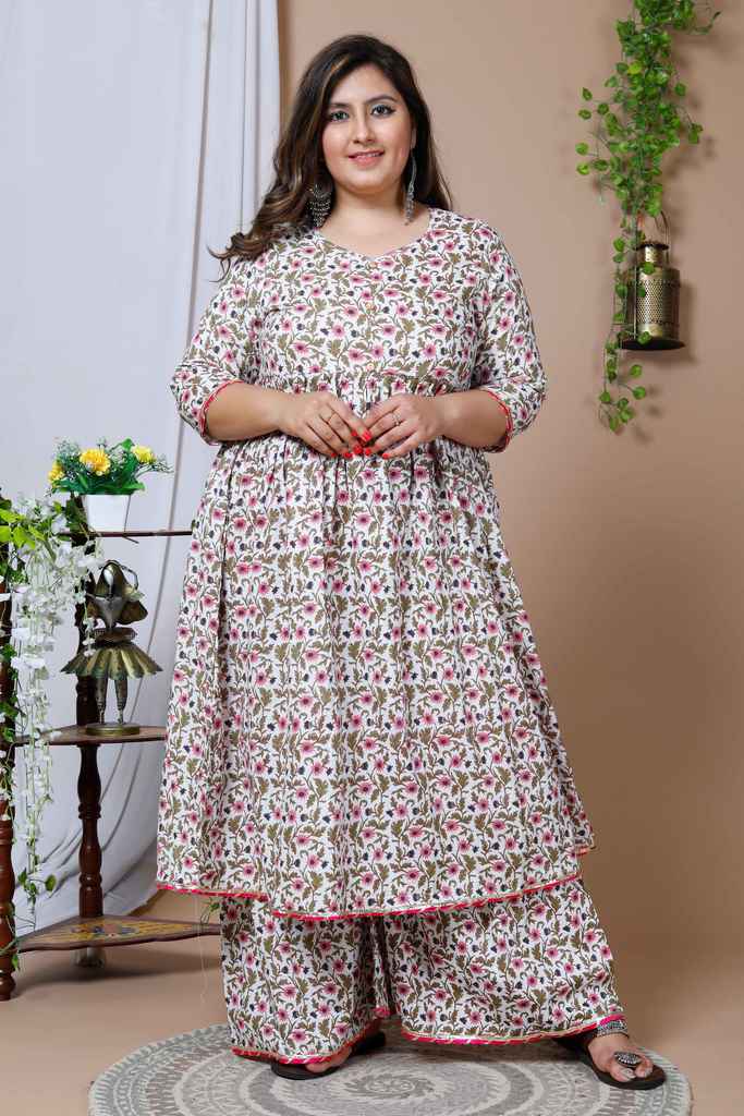 Women's Plus Size Cotton Floral Print Anarkali Kurta And Sharara Set - Miravan