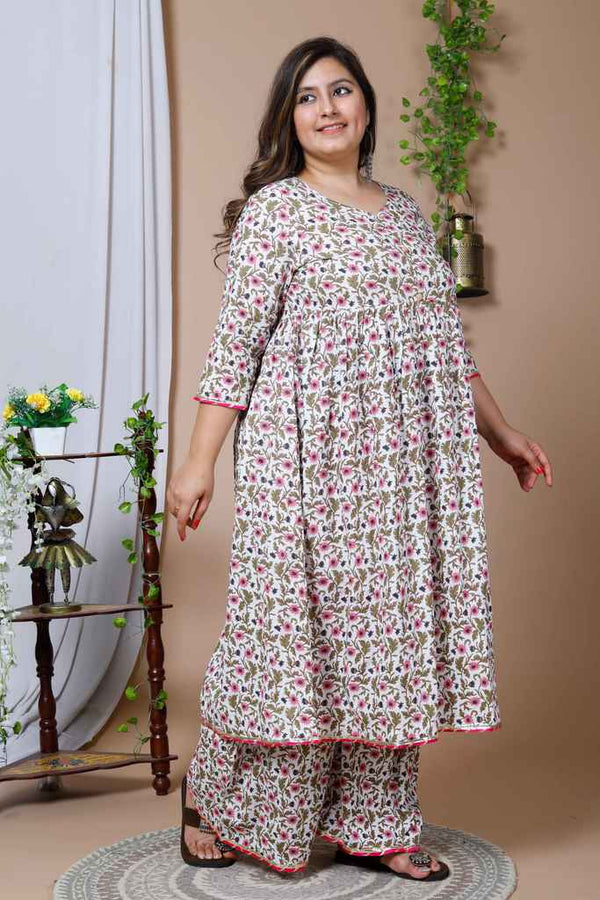 Women's Plus Size Cotton Floral Print Anarkali Kurta And Sharara Set - Miravan