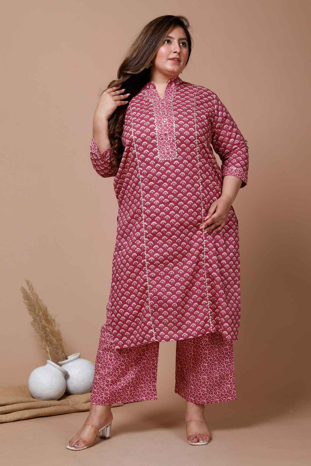 Women'S Plus Size Floral Printed Pure Cotton Kurta With Palazzo - Miravan