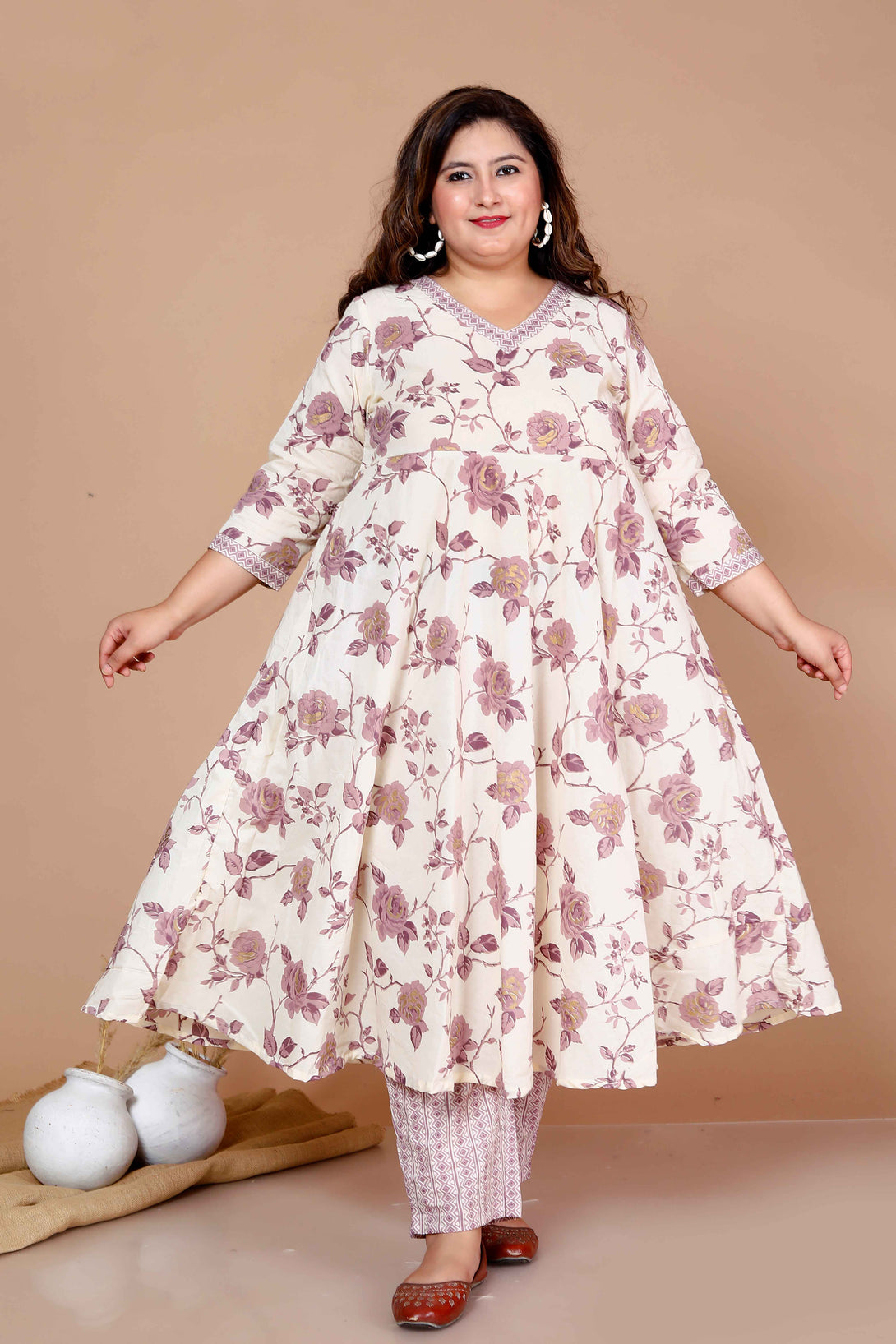 Women'S Plus Size Pink Floral Printed Kurta With Palazzo - Miravan