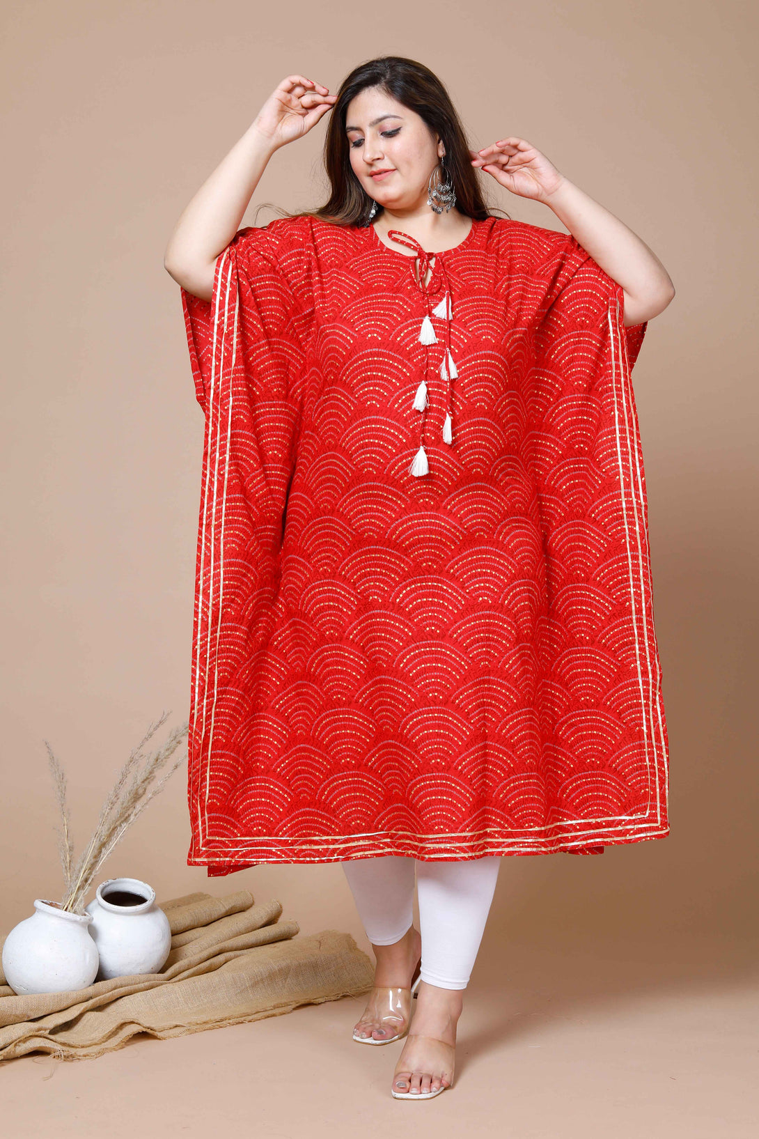 Women's Red Plus Size Cotton Festive Wear Kaftan - Miravan