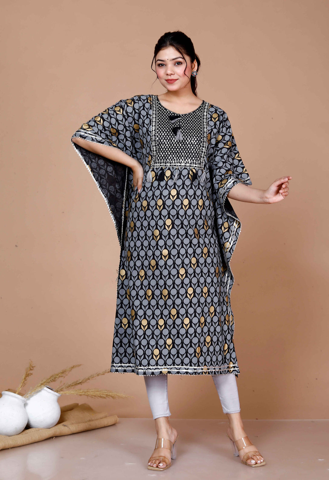 Women'S Black Cotton Printed Kaftan Kurta - Miravan