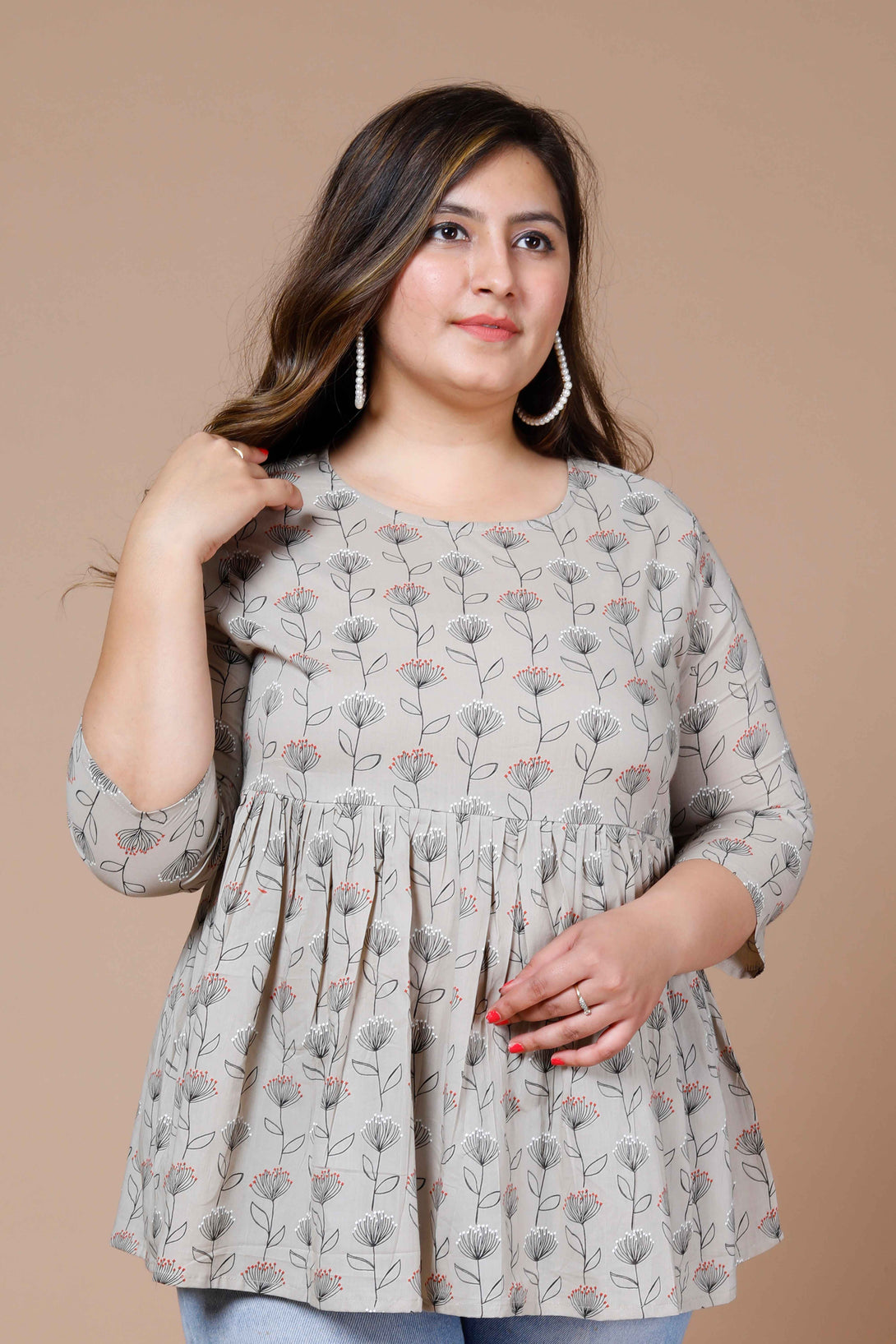 Women's Beige Plus Size Cotton Floral Printed Short Kurti - Miravan