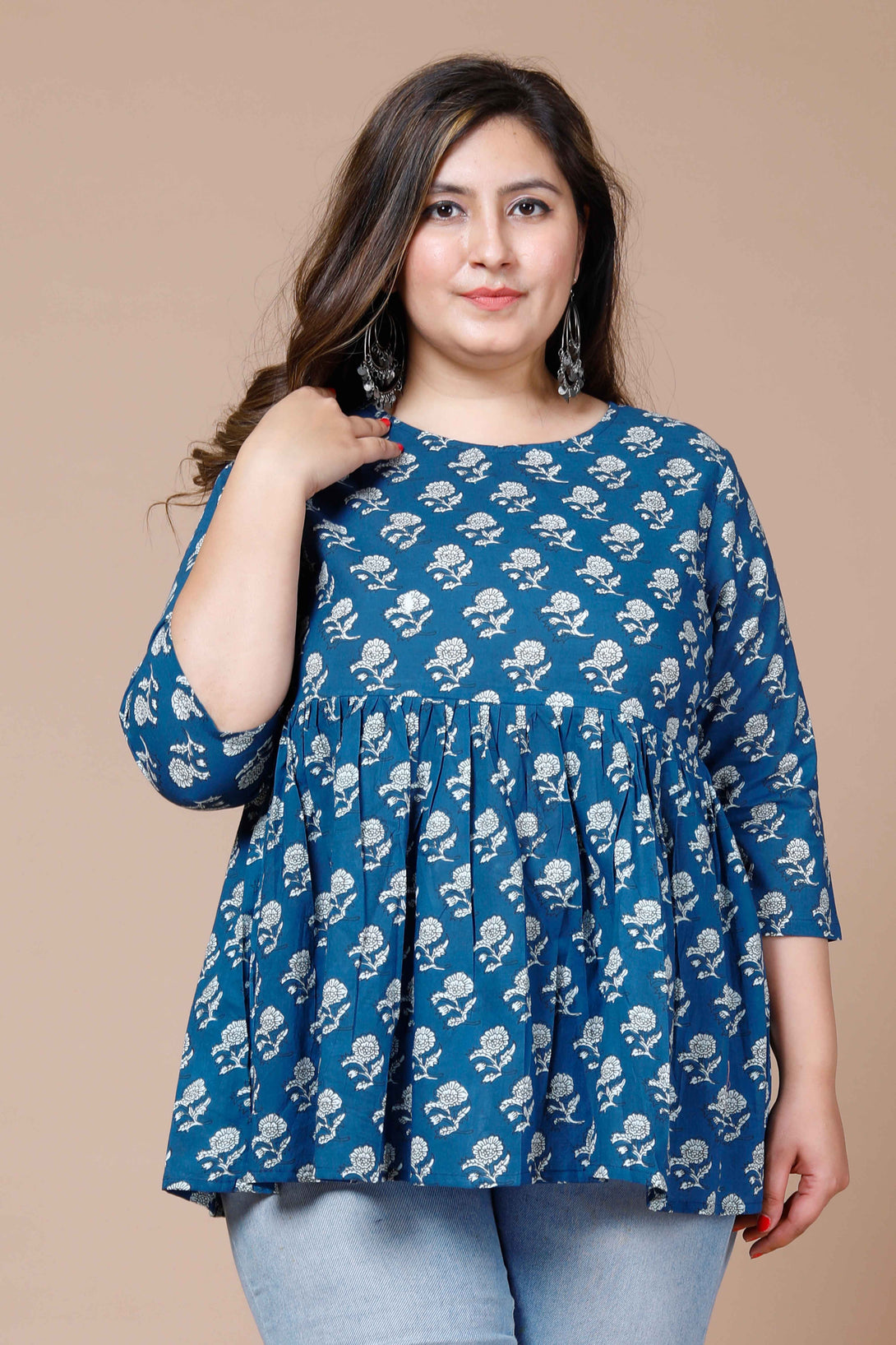 Women's Blue Plus Size Cotton Floral Printed Short Kurti - Miravan