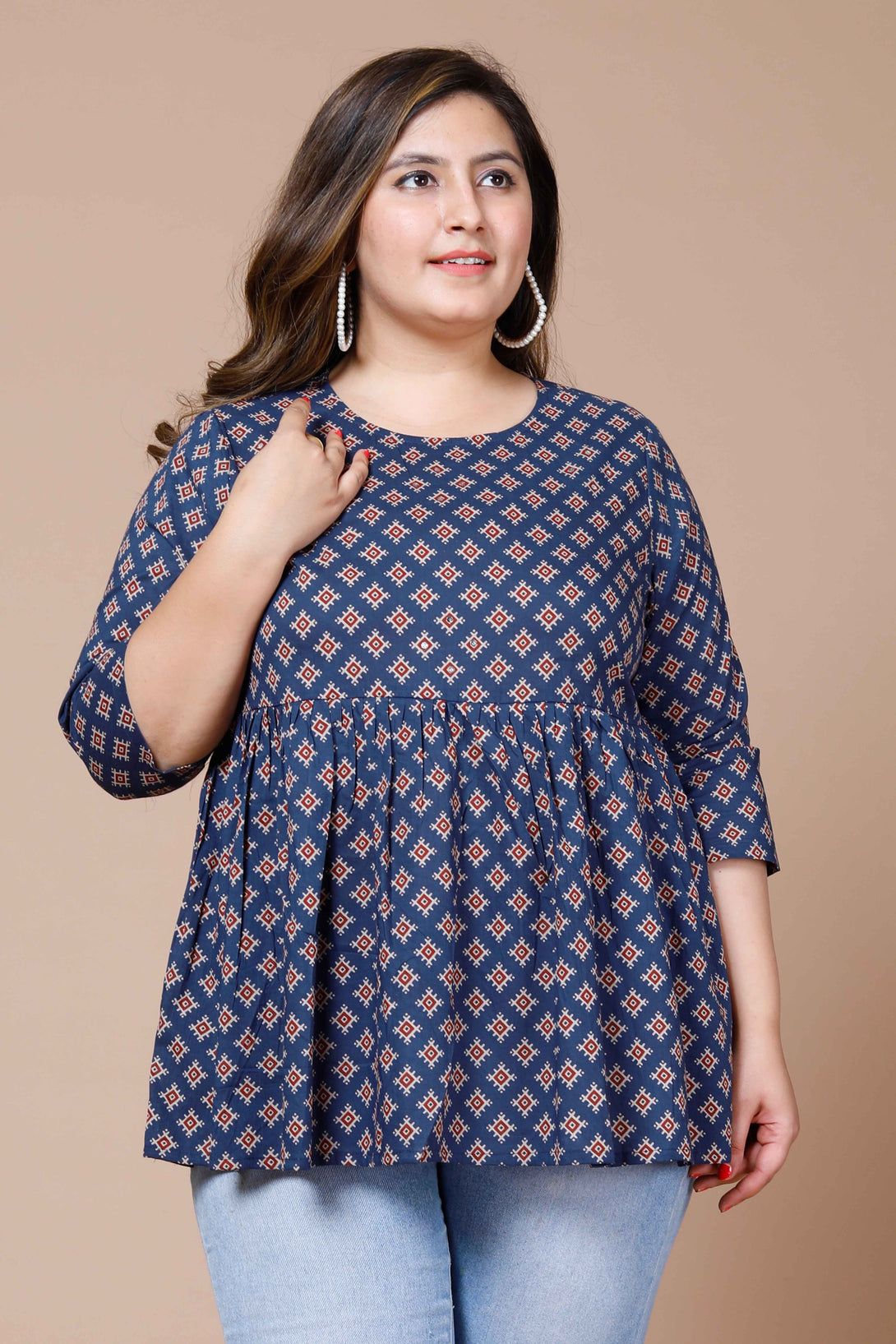 Women's Navy Blue Plus Size Cotton Printed Short Kurti - Miravan