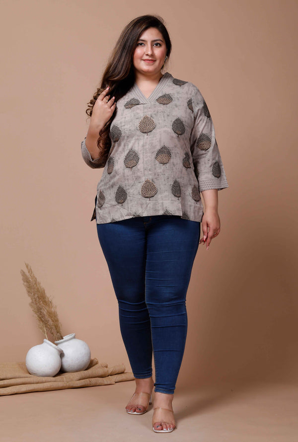 Women's Plus Size Floral Printed Beige Pure Cotton Kurti - Miravan