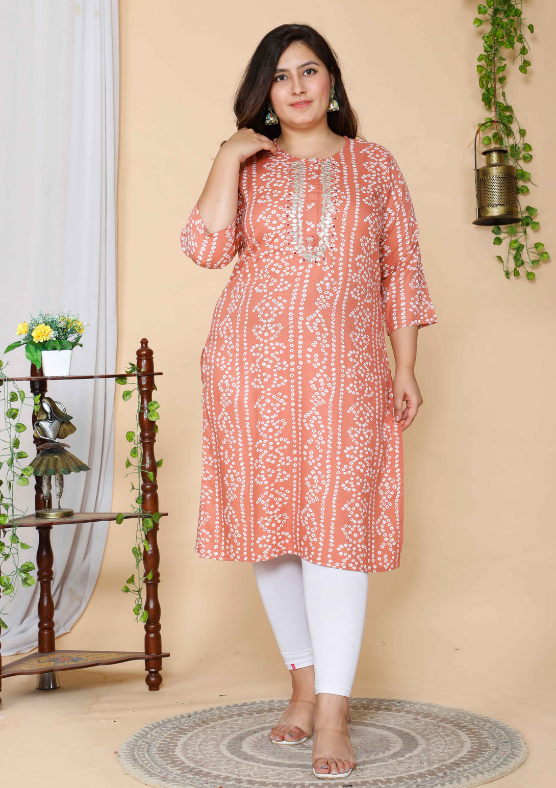 Women's Plus Size Peach Bandhani Embroidered Kurta - Miravan