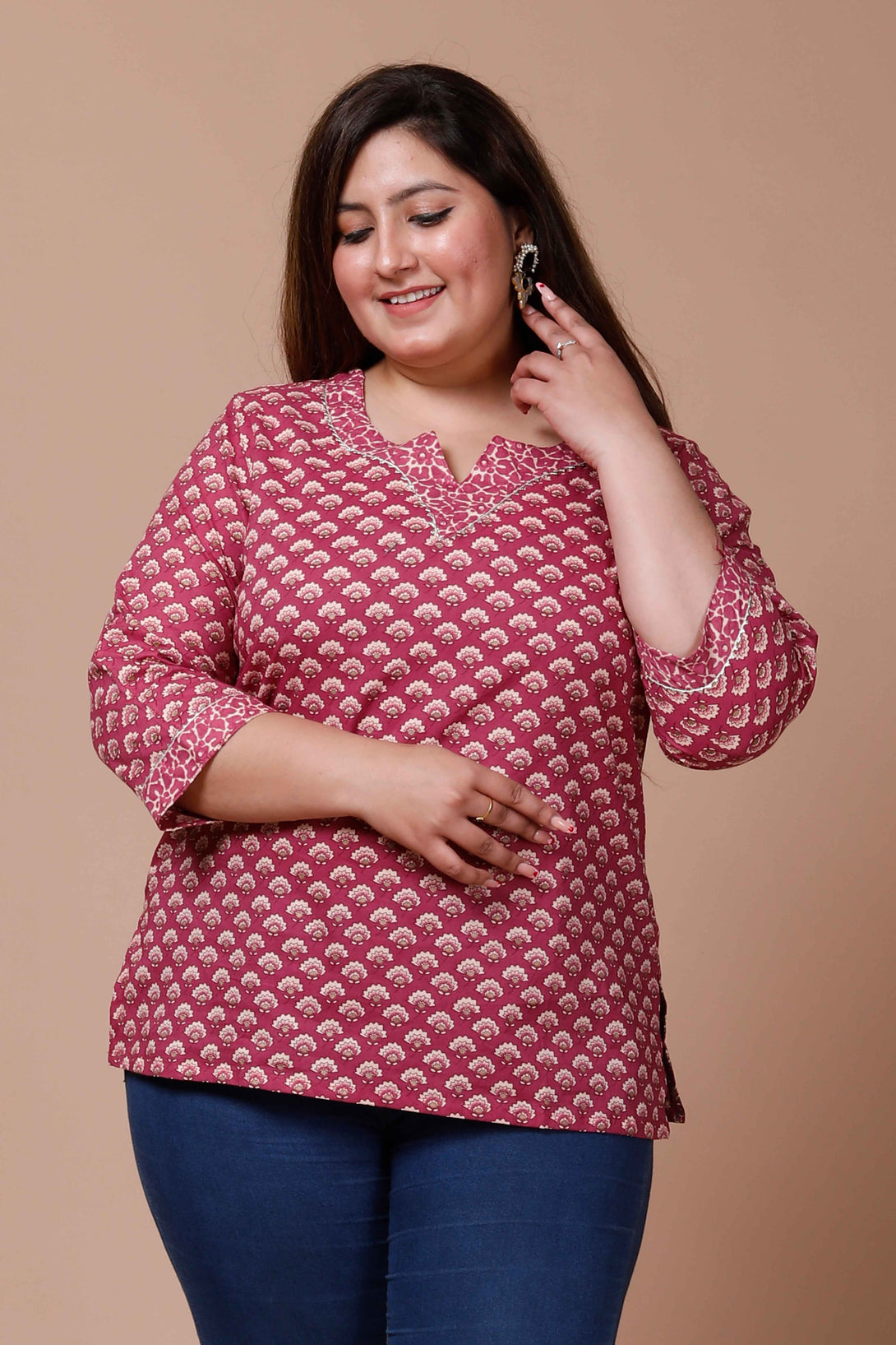 Women's Plus Size Pink Floral Printed Cotton Kurti - Miravan