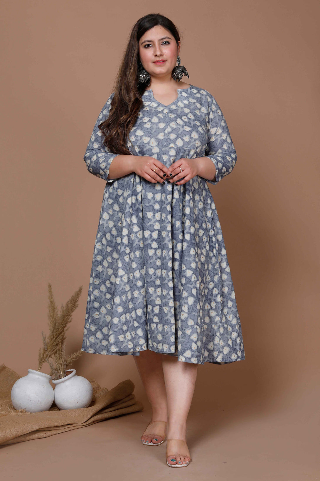 Women's Plus Size Floral Printed Cotton Midi Dress - Miravan