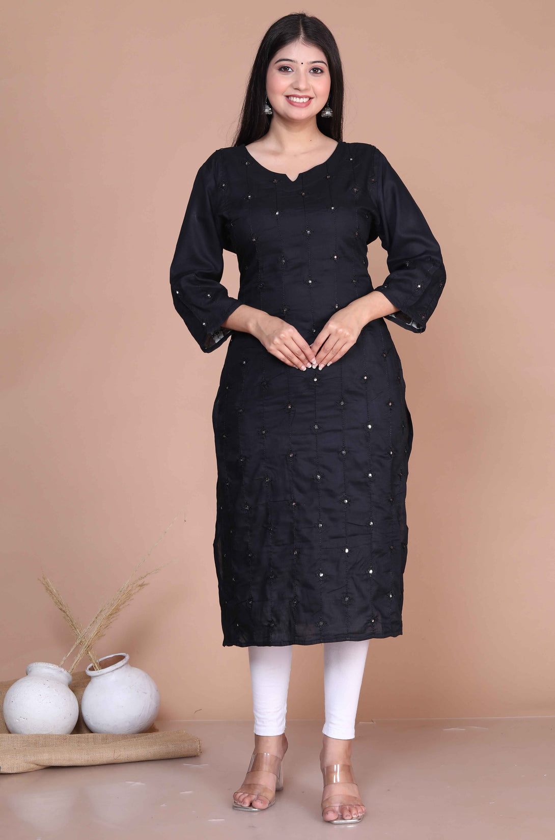 Women's Black Embroidered And Mirror Work Pakistani Straight Kurti - Miravan