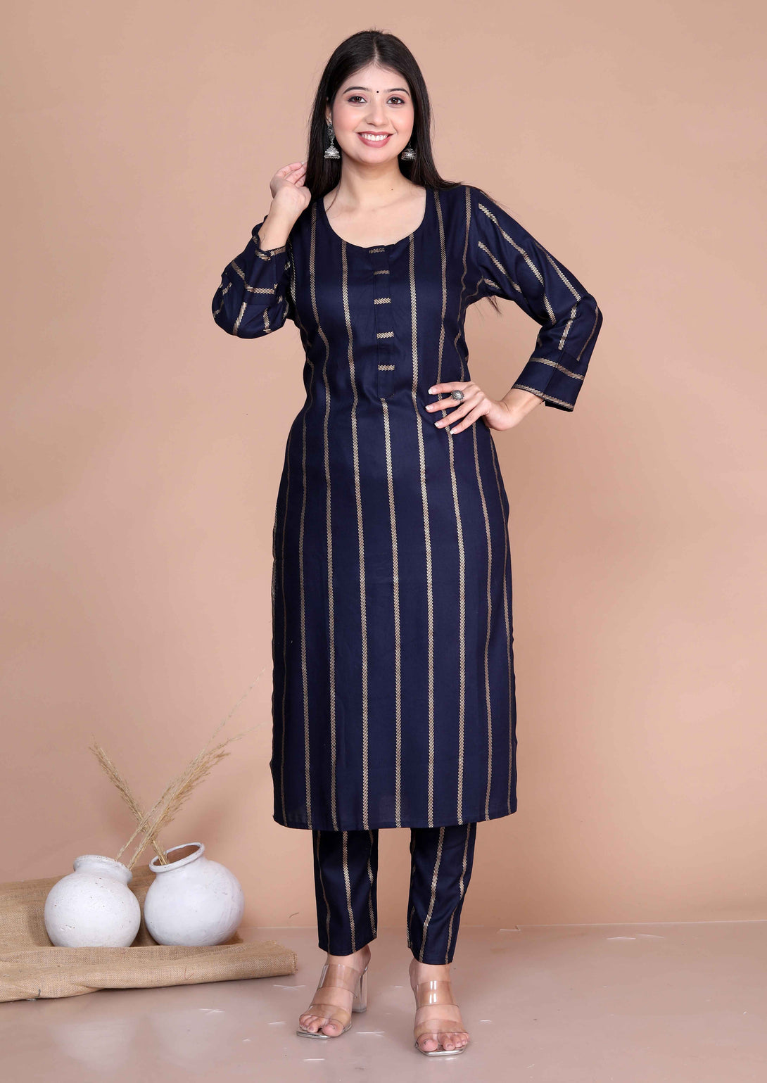 Women's Navy Blue & Golden Striped Mokshi Pakistani Kurta With Palazzo - Miravan