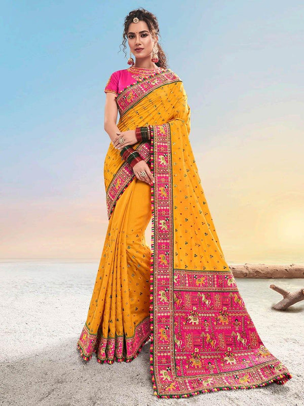 Women's Mustard Pure Satin Kachhi Mirror Work Saree-Myracouture