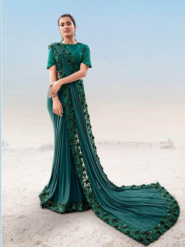 Women's Rama Green Thread Work Saree-Myracouture