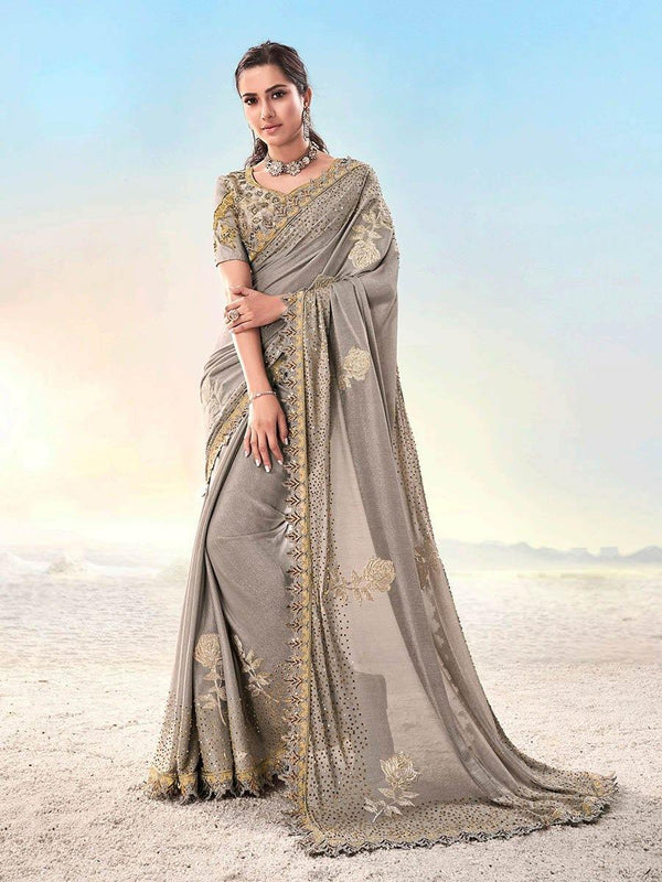 Women's Grey Silk Embroidered Saree-Myracouture