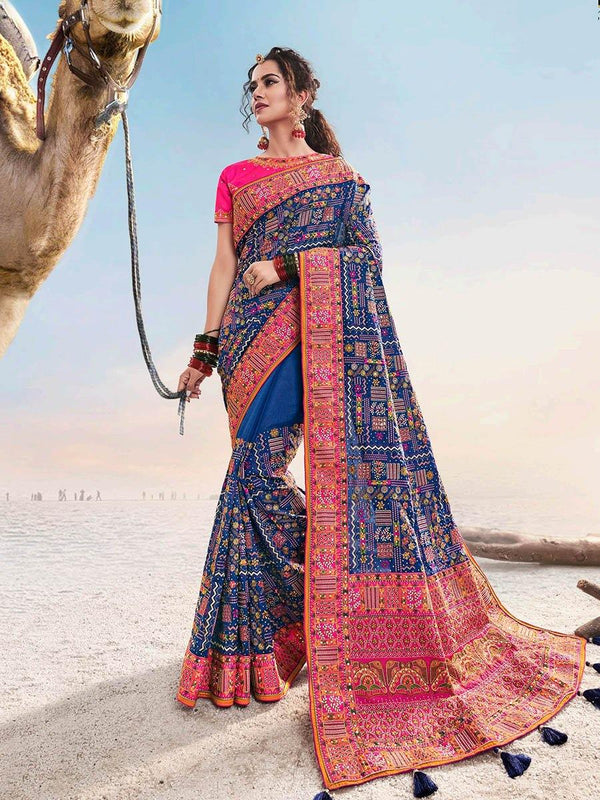 Women's Blue Shana Silk Kacchi Work Saree-Myracouture