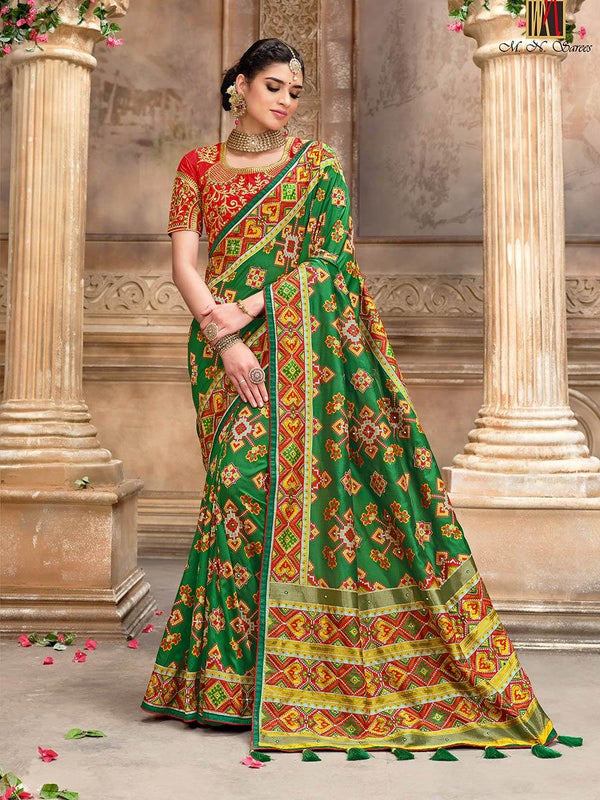 Women's Green & Red Pure Silk Embroidered Saree-Myracouture