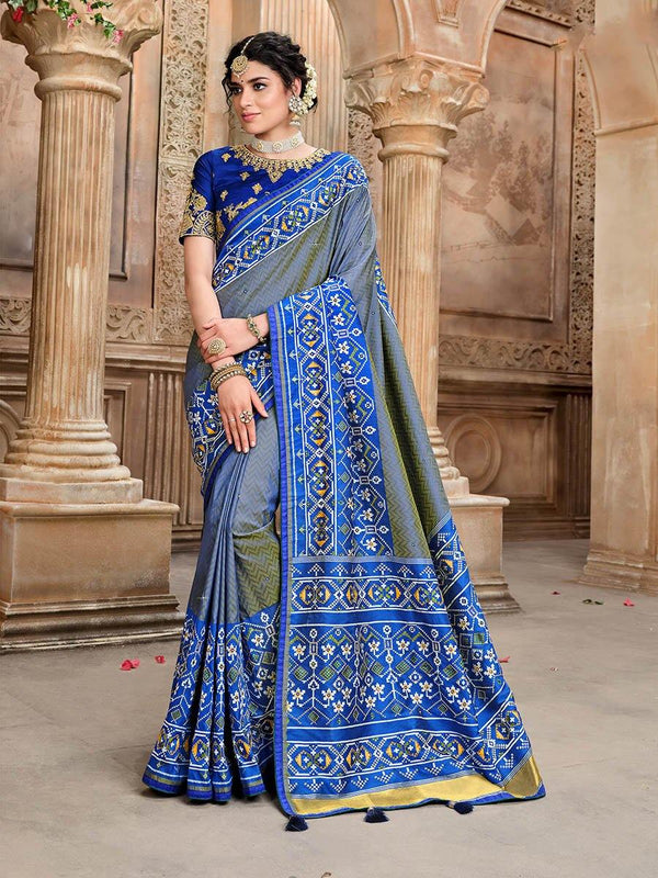 Women's Blue Patola Silk Saree-Myracouture